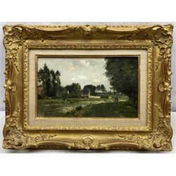 Stanislas Lépine (French 1835-1892): Figure by the Riverside, oil on canvas signed 19cm x 32cm