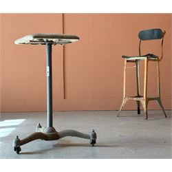 Machinists stool, mid 20th century, the revolving seat raised on cast iron tripod base and...