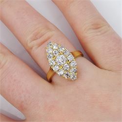 Early 20th century gold old cut diamond marquise shaped ring, stamped 18ct, total diamond weight approx 1.50 carat