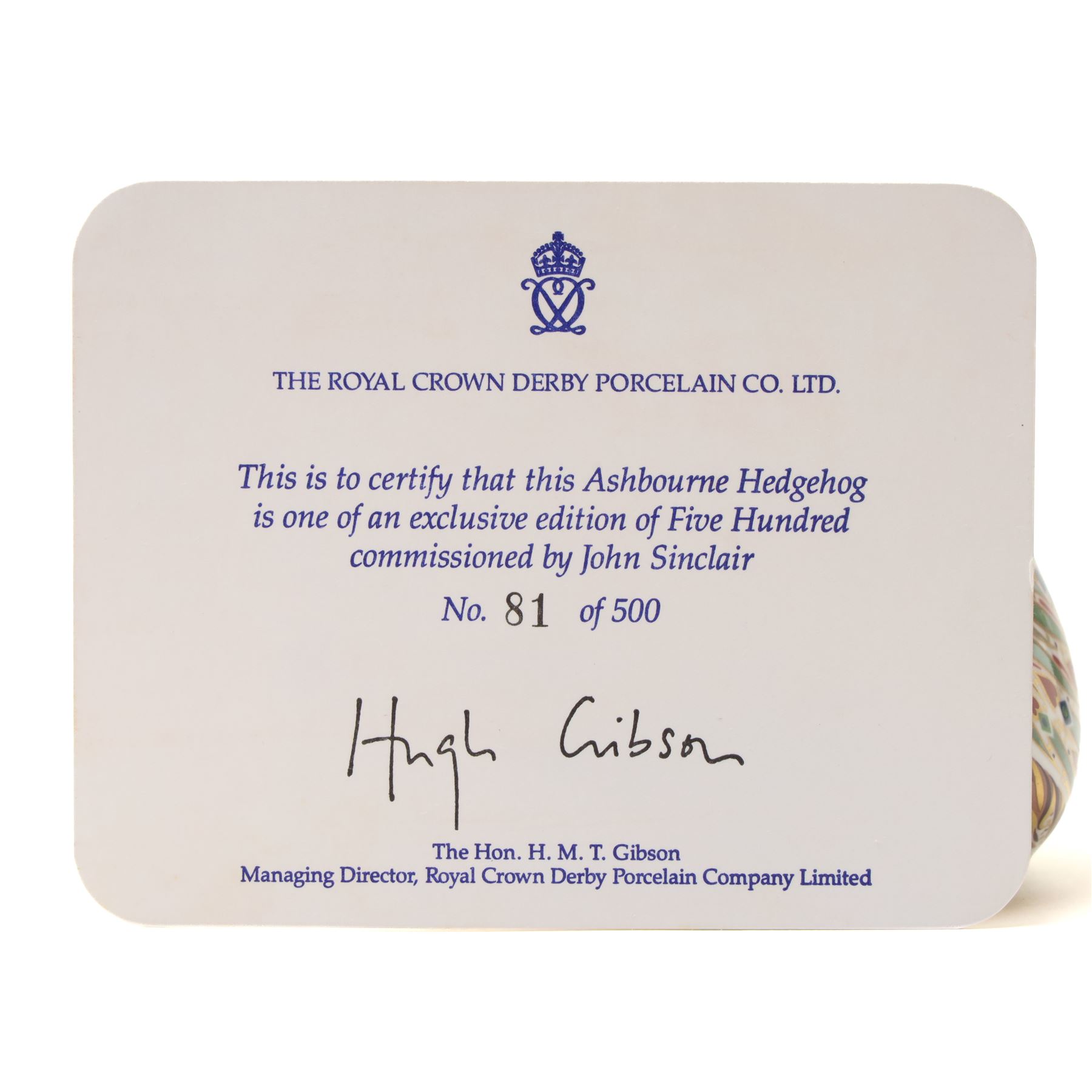 Royal Crown Derby Ashbourne Hedgehog paperweight limited edition 81/500 with certificate and gold stopper 
