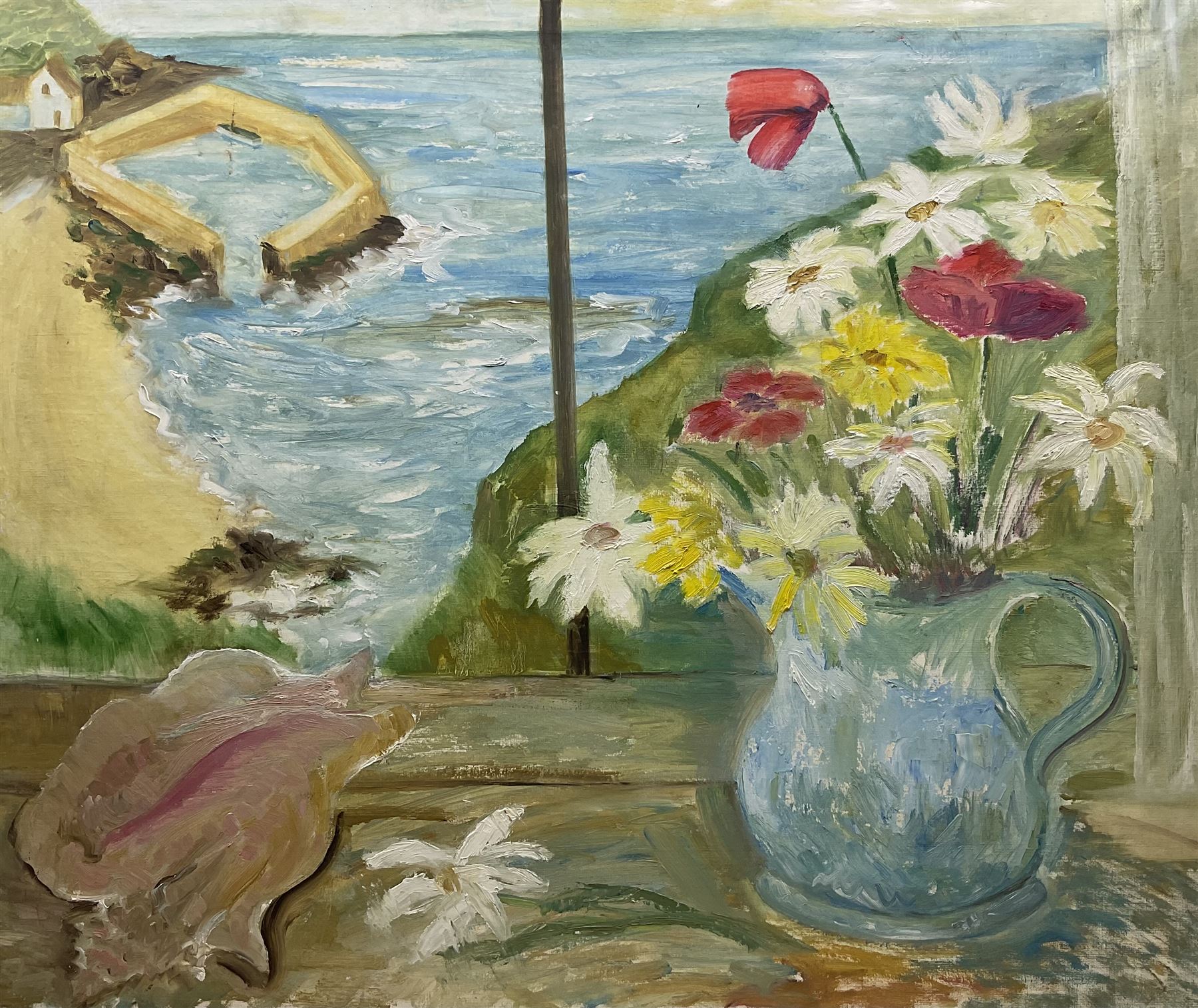 Manner of Winifred Nicholson (British 1893-1981): View from a Window with Flowers and Conch Shell, oil on canvas unsigned, inscribed verso 83cm x 100cm (unframed)