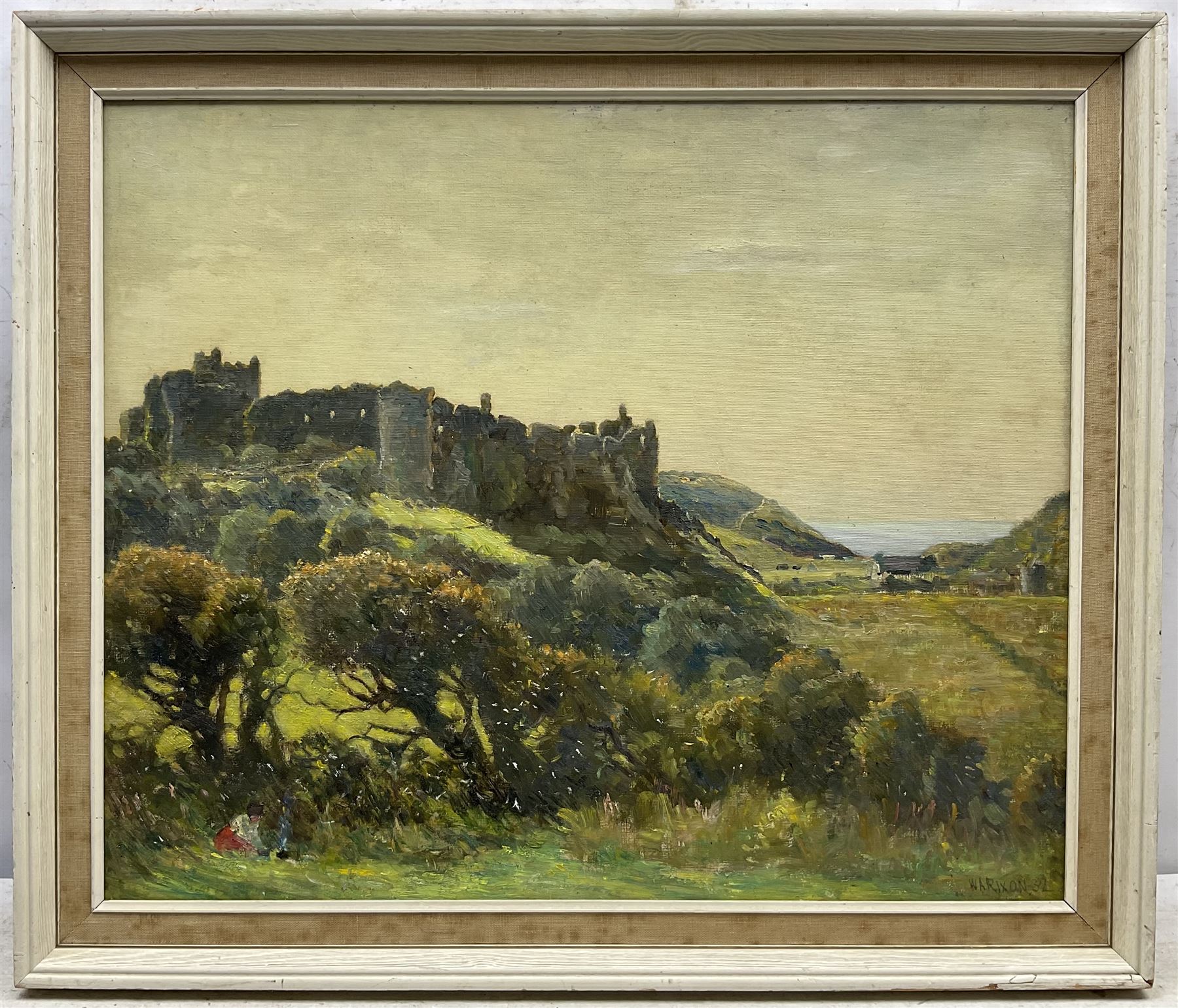 William Augustus Rixon (British 1880-1936): 'Manorbier Castle - Tenby' Wales, oil on board signed and dated '32, titled verso 49cm x 59cm
