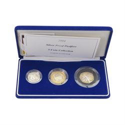 The Royal Mint United Kingdom 2003 and 2004 silver proof piedfort three coin collections, both cased with certificates