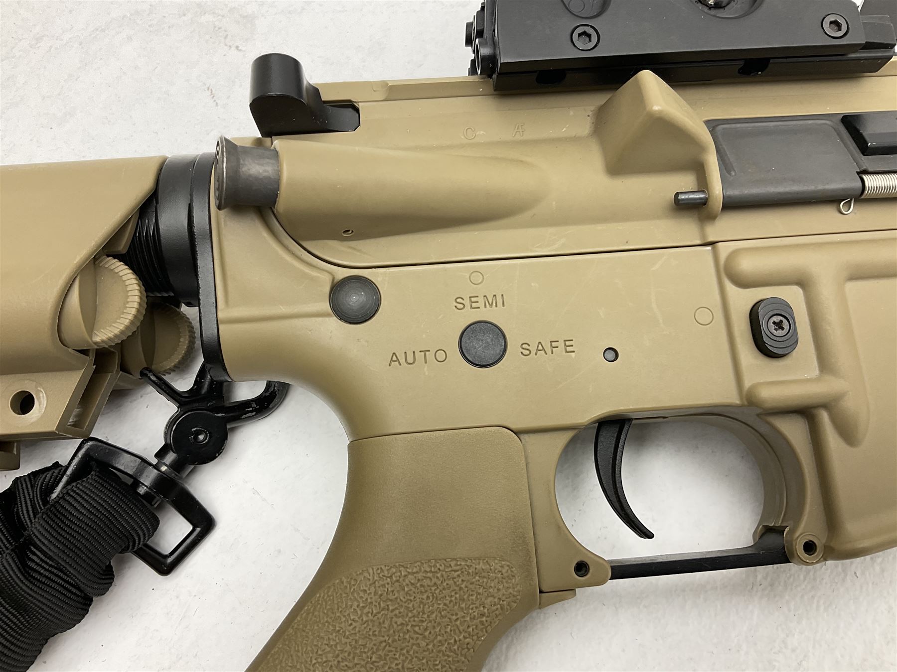 Combat Machine lithium battery powered airsoft BB rifle, 'Complete AEG Series' to fire 5mm pellets, with adjustable length stock L69cm non-extended; with six magazines, Trijicon ACOG red dot telescopic sight, battery charger etc (NO BATTERIES)