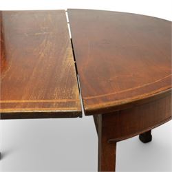 19th century and later mahogany extending dining table (12' 7’'), two D-ends, central drop-leaf table and two additional leaves, with satinwood bands, on square supports with block feet (lacking forks)