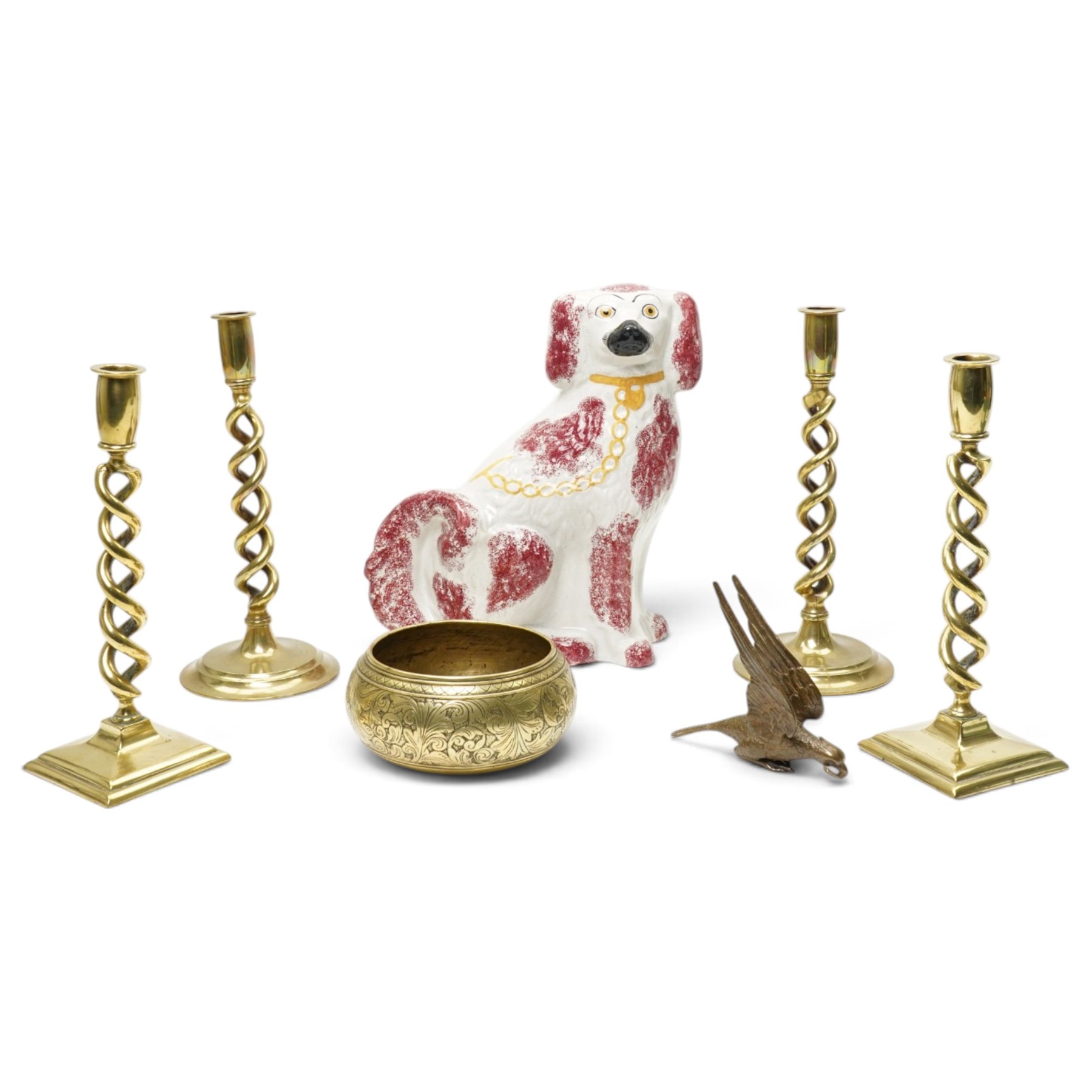 Two pairs of brass candlesticks, brass bird and bowl, and Staffordshire dog (7)