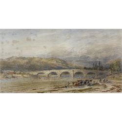 Thomas Danby (British 1818-1886): Herding Cattle by Bridge, watercolour signed 20cm x 37cm