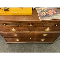 George III oak and mahogany chest, rectangular banded top over three small, two short and two long graduating drawers, bracket feet