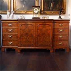 Georgian design figured and burr walnut breakfront sideboard, shaped rectangular top inlai...