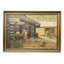 Mauritz Finstrom (Swedish 1894-1955): Figures Outside Log Houses, oil on canvas signed and dated 1938, 46cm x 68cm