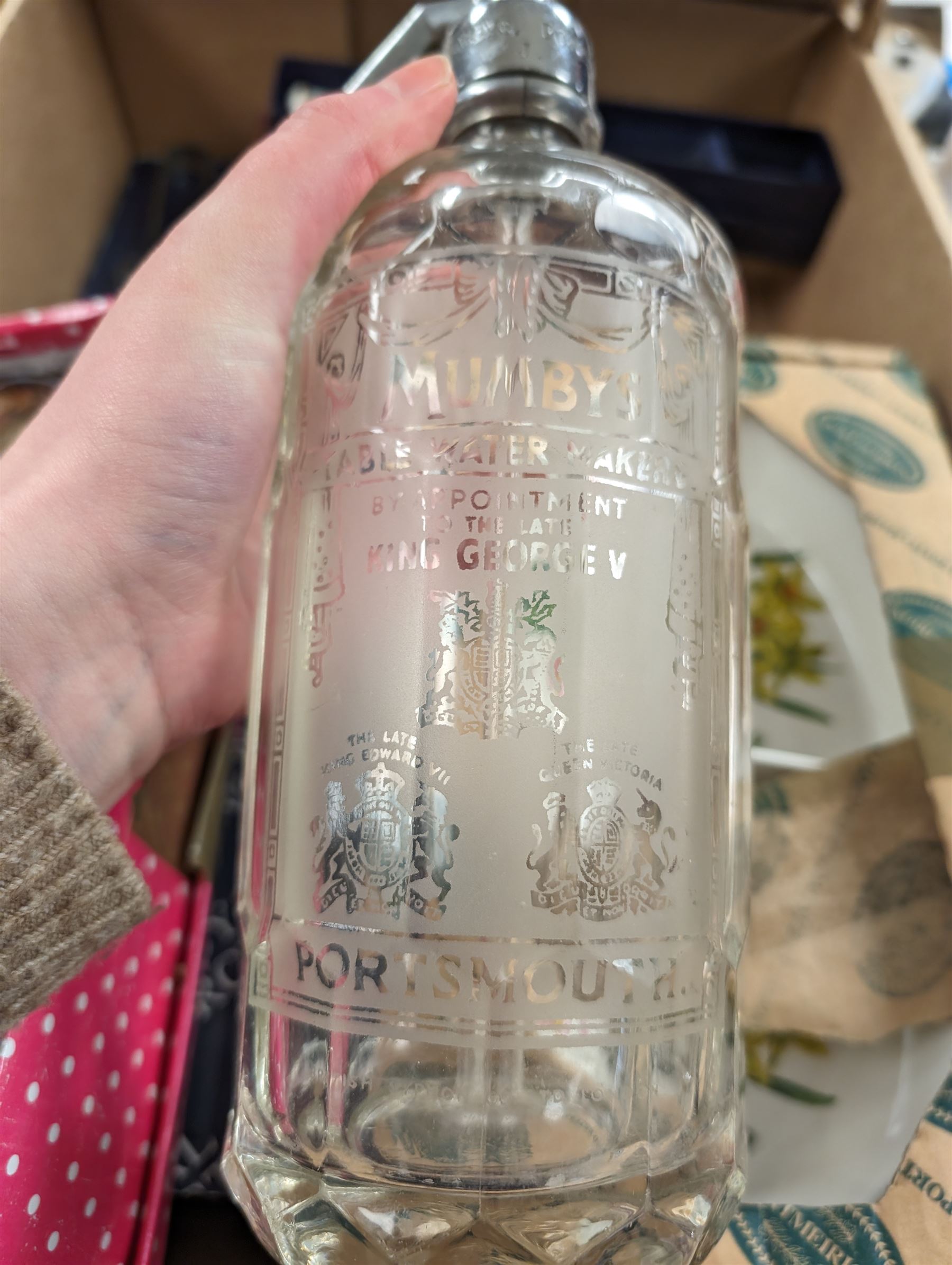 Portmeirion Botanic Garden serving dish, Royal Worcester serving dish, collection of silver plated Kings Pattern cutlery, one silver teaspoon, Mumbys soda bottle, floral mirror, etc