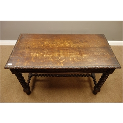  Late 19th/early 20th century oak side table, rectangular lunette carved top above single frieze drawers, scrolled acanthus leaf decoration, barley twist supports and stretchers, 115cm x 59cm, H72cm  