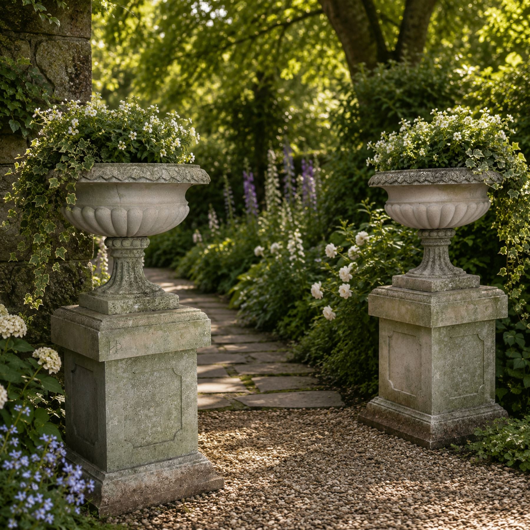 Pair of weathered cast stone Neoclassical design garden Kylix shape urns, foliate moulded rim over a gadrooned underbelly, the scalloped socle over a rectangular pedestal with faux-panelled sides, stamped with stylised ‘H’ monogram