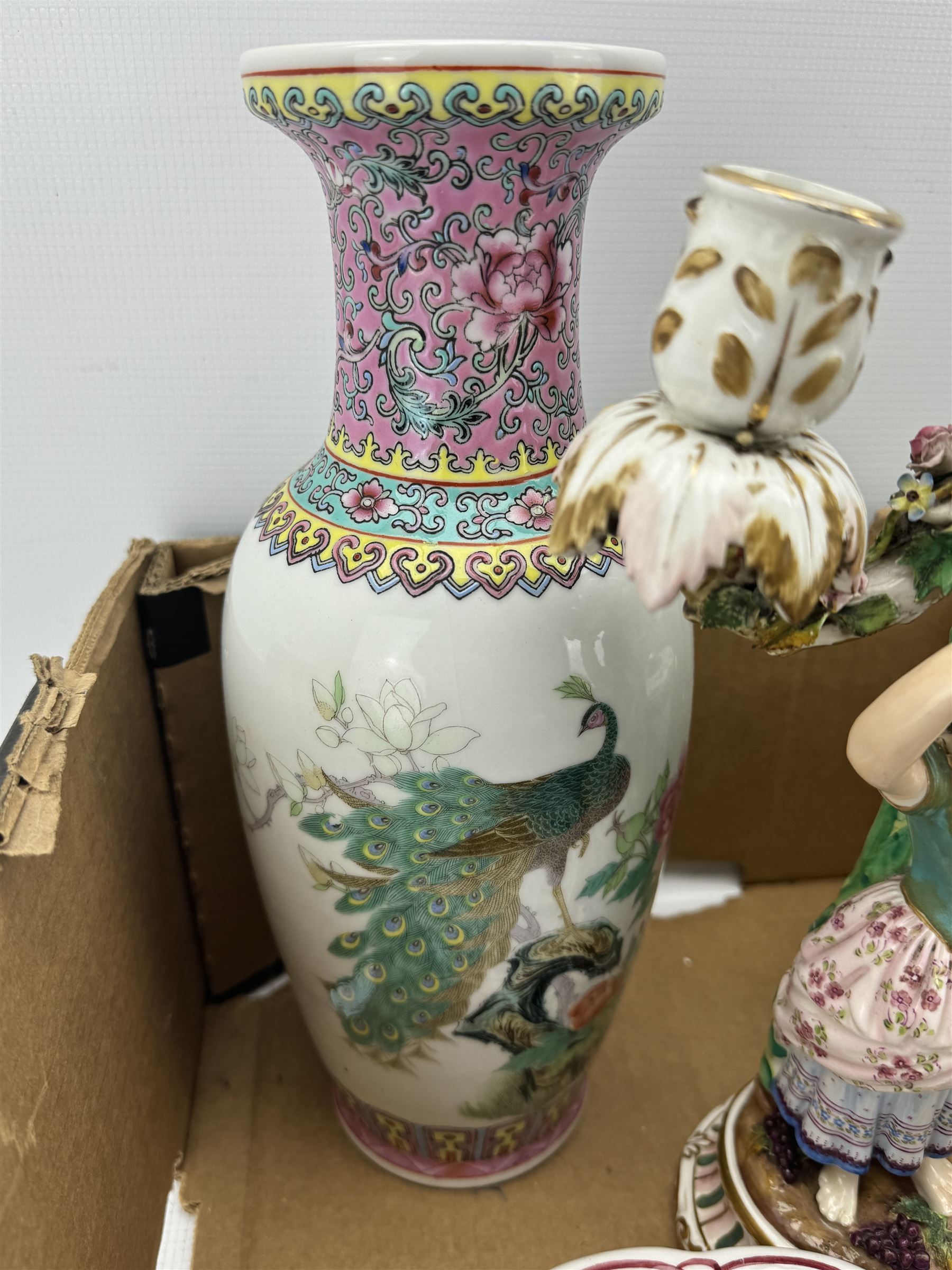 19th century figural candelabra by John Bevington, H29cm, modern Chinese vase with printed decoration, Japanese blue and white bowl, two Portuguese plates etc in one box