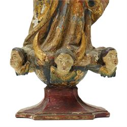 18th century Spanish Colonial Andean polychrome painted and carved giltwood figure of the Virgin of the Immaculate Conception, standing in prayer upon a crescent moon and cherub heads H29cm