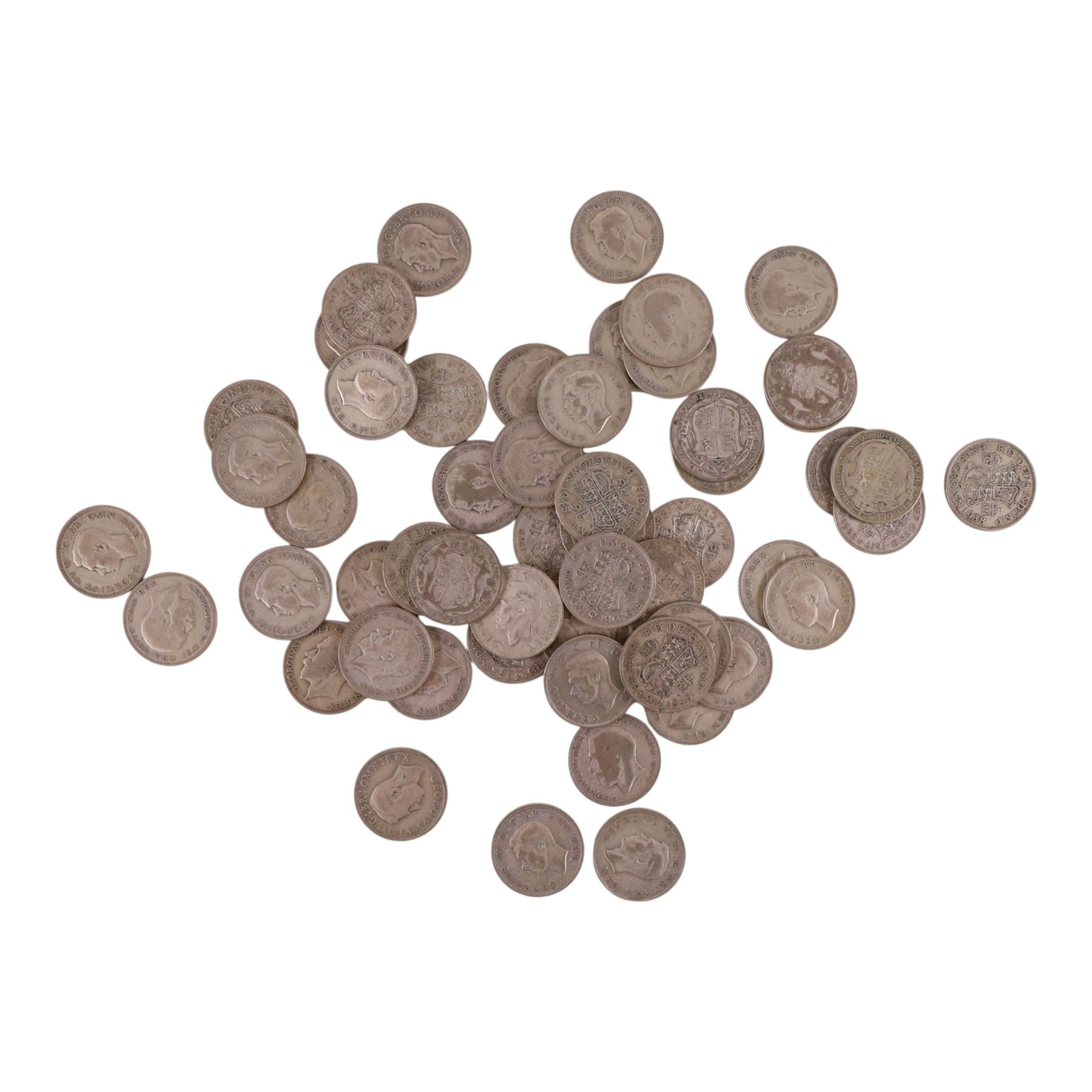 Approximately fifty-six Great British pre-1947 silver half crown coins