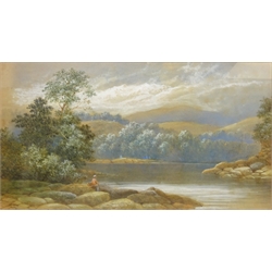  River Scene with Figure Fishing in the Foreground, 19th/early 20th century watercolour unsigned 23cm x 43cm  
