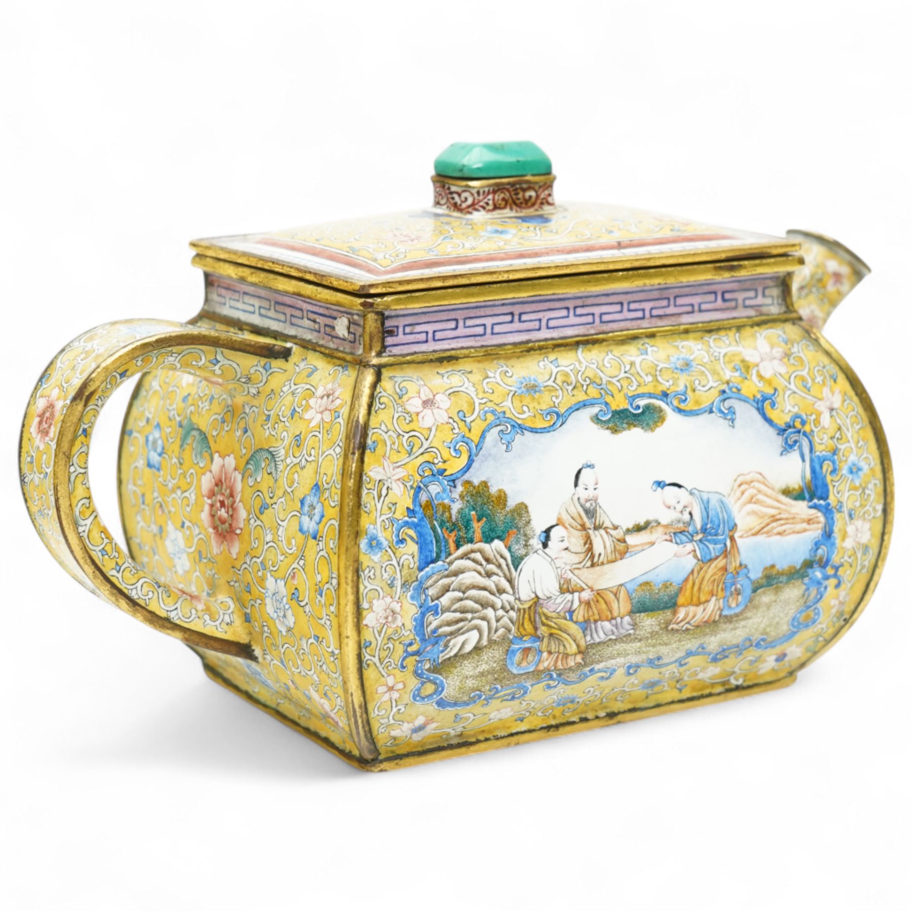 Chinese Qianlong enamel bombé shaped teapot, decorated with scenes of scholars examining a scroll and drinking on a yellow ground with various traditional floral and foliate motifs, the painted scene framed within trailing blue vine border, with Qianlong marks to base L15cm