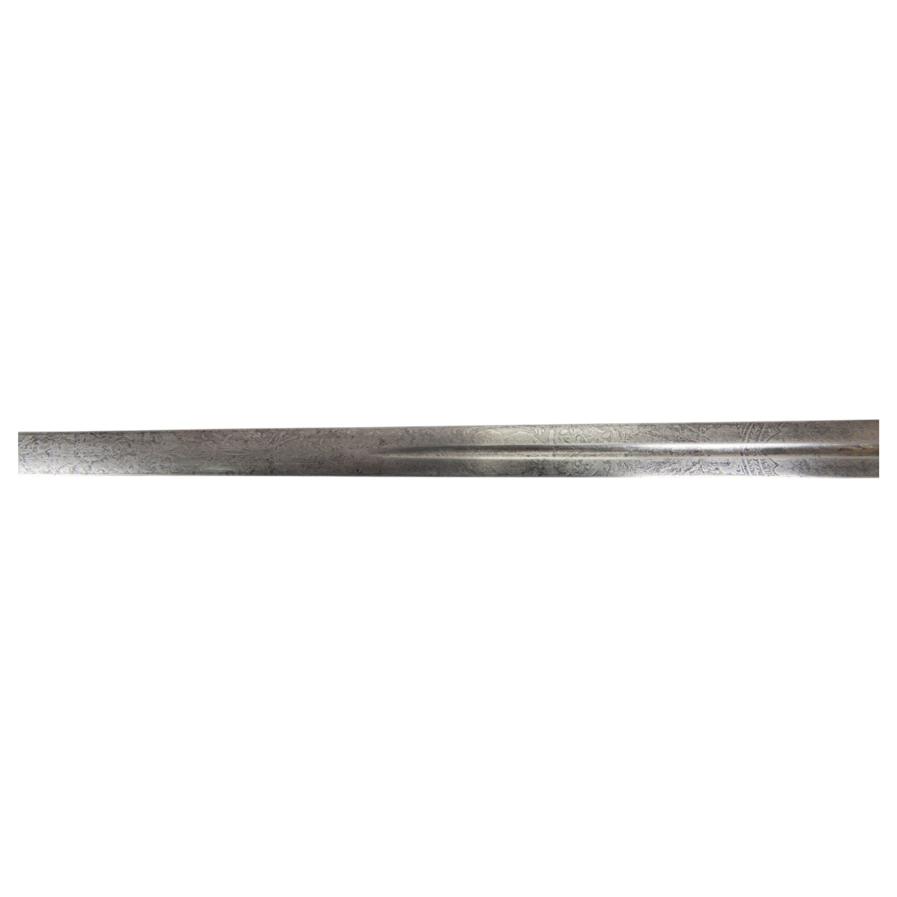 British heavy cavalry officer's sword, 1796 pattern by Thomas Osborn, the 82cm straight double edged blade with central fuller engraved to both sides, with gilded brass boat shaped guard, grip of silver foil over wooden former, within a steel scabbard with twin suspension rings, overall L106cm