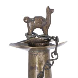 Horn powder flask, with metal mounts embossed with foliate decoration, L40cm