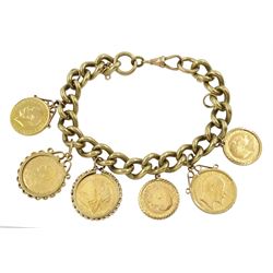 9ct gold curb link bracelet, with three loose mounted gold full sovereigns dated 1890, 1893 and 1903, soldered gold full sovereign dated 1912 and two loose mounted gold half sovereigns dated 1906 and 1908