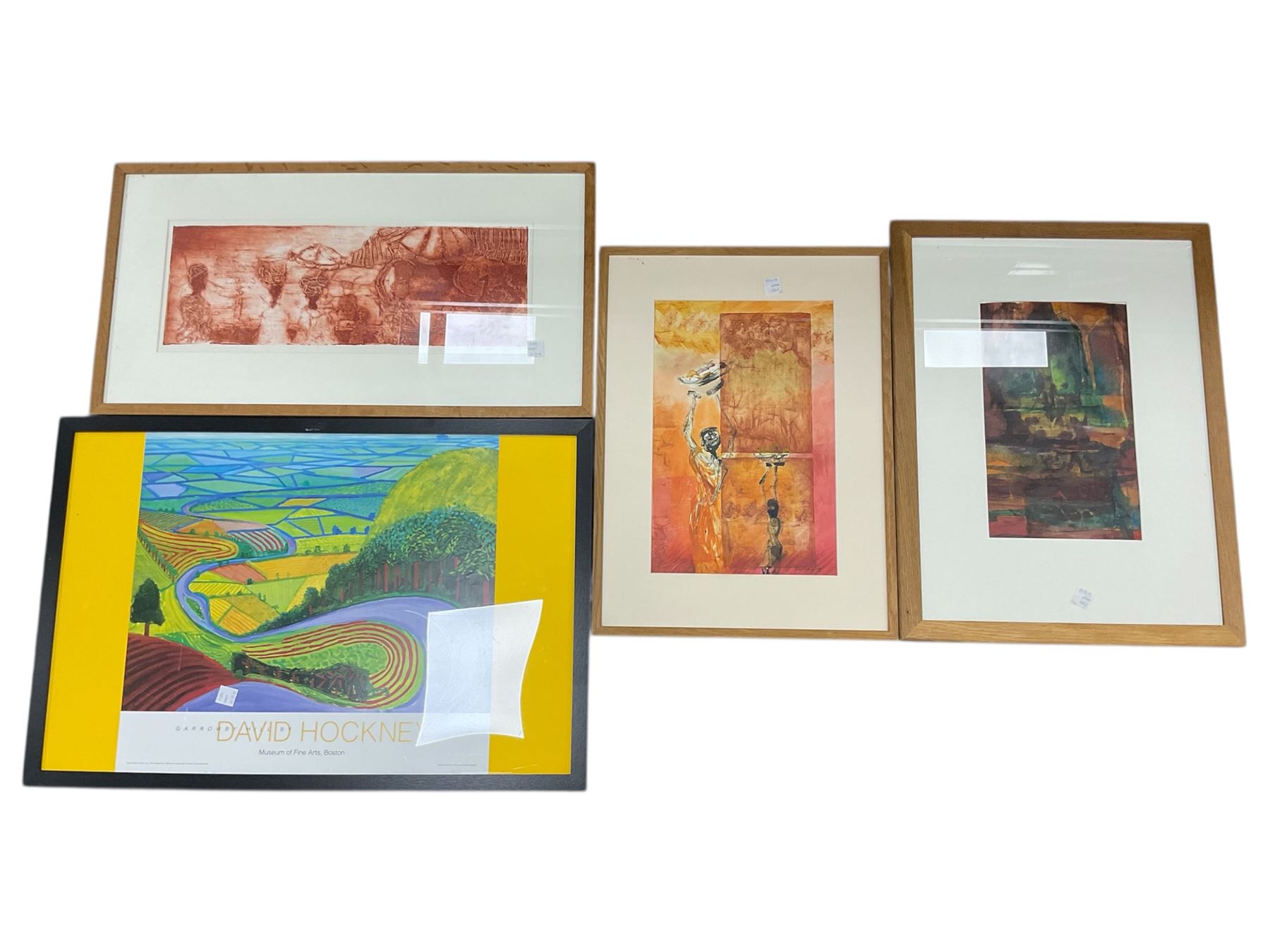 David Hockney Garrowby Hill Boston Museum of Fine Arts poster, and three Rosie Lannan? contemporary pictures, max 60cm x 64cm (4)