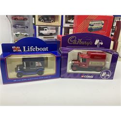 Twenty-eight modern die-cast models/sets by Corgi, Oxford, Lledo, Mattell Wheels etc including advertising and promotional, limited edition Co-op milk set, Royal Mail, Lifeboats etc; all boxed; and five unboxed models