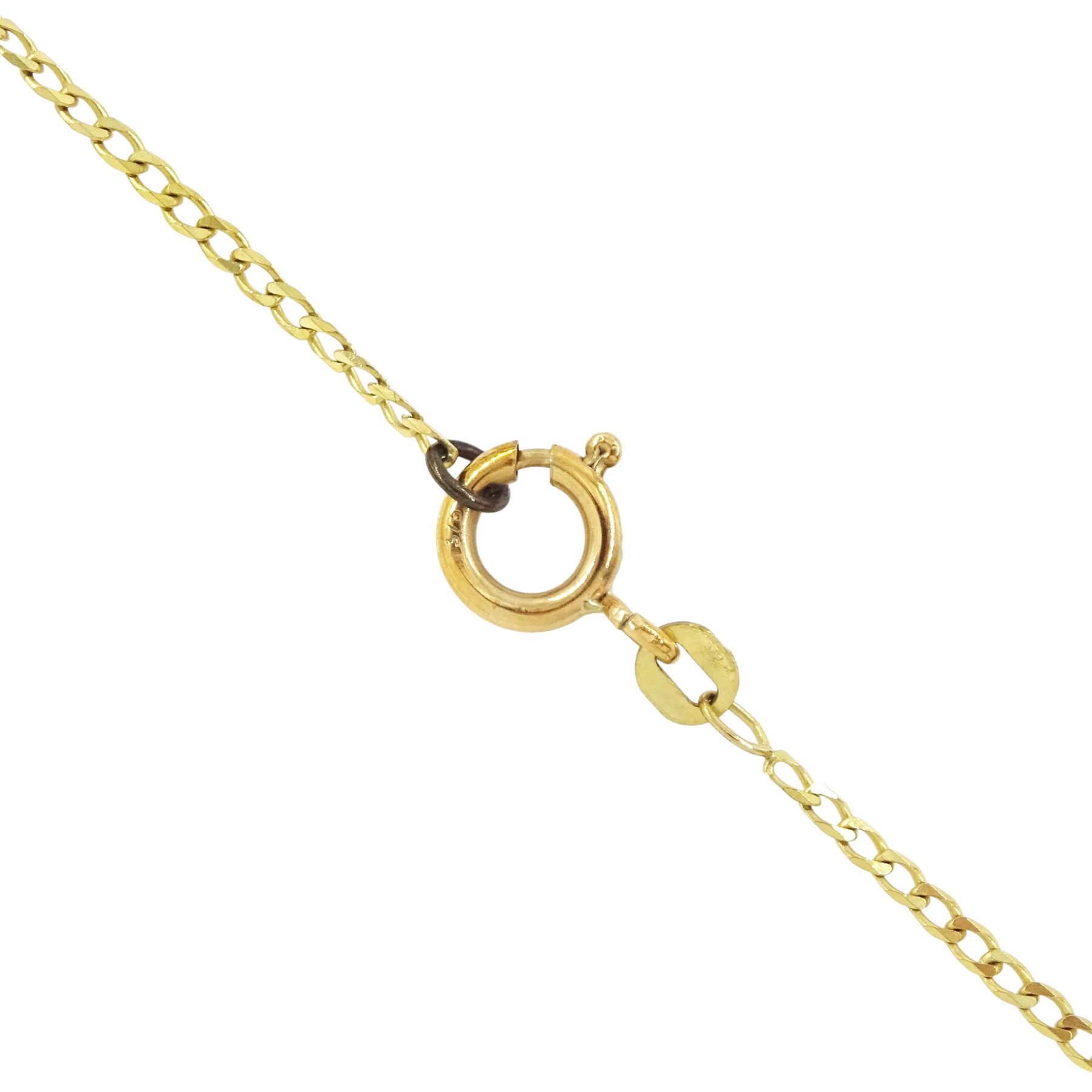 18ct gold diamond heart shaped pendant, three round brilliant cut diamonds of approx 0.55 carat, on 9ct gold flattened curb link chain necklace, both hallmarked