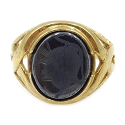 Diamond and sapphire gold hinged bracelet and an onyx intaglio gold ring both hallmarked
