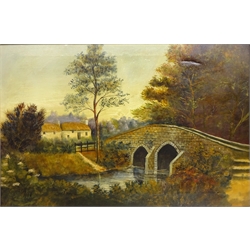  Rural House, Bridge and Stream, early 20th century oil on canvas signed and dated 1908 by F Gill 50cm x 75cm  