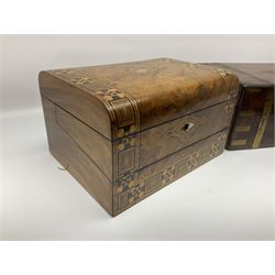 Victorian mahogany writing slope, the brass bound hinged cover opening to reveal tooled leather and gilt interior with two glass inkwells, together with a similar parquetry inlaid writing slope, with central mother of pearl inlay enrgraved 'Sarah', tallest H17cm 