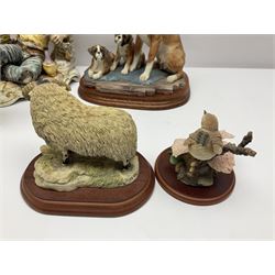 Three Border Fine Arts figures including Boxer with Pups, Capodimonte figure of a drunken pirate, and a brass dog (5)