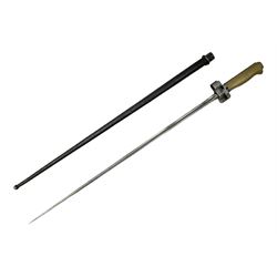 French Lebel Model 1886/93/16 bayonet with 52cm steel cruciform blade and brass hilt No.R22136; in steel tapering round scabbard numbered A62918 L65.5cm overall