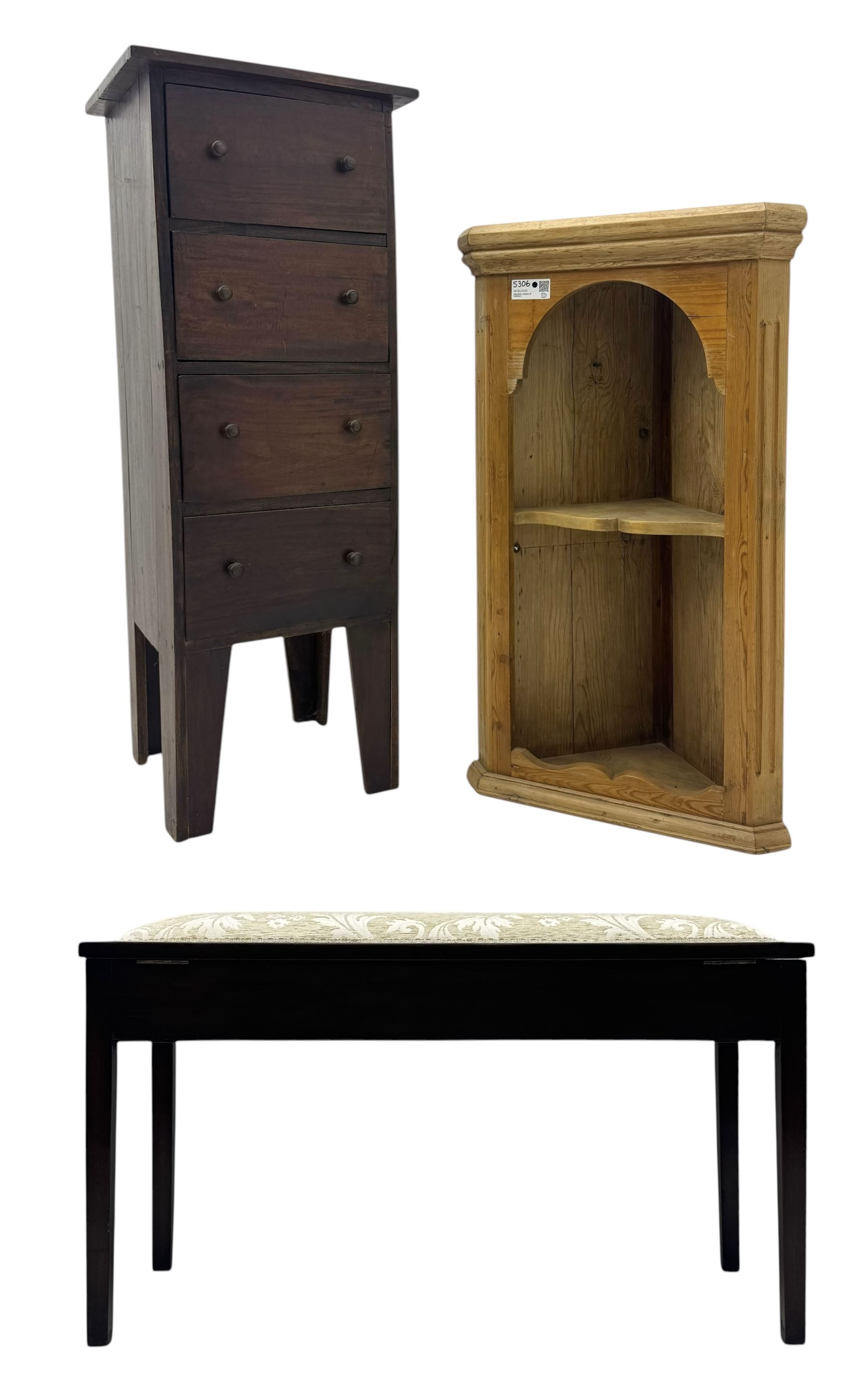 Victorian pine wall-hanging corner cupboard, shaped plinth base (W52cm, H90cm); Victorian narrow chest fitted with four drawers, on tapered supports (W42cm, D38cm, H110cm); mahogany framed bench with upholstered seat, hinged lid enclosing storage (W92cm, H51cm)