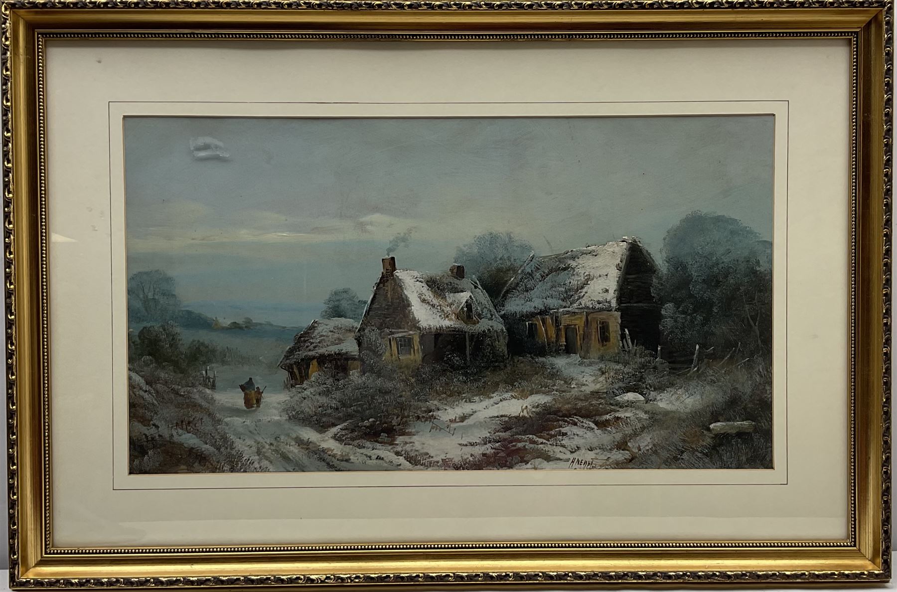 Harry Foster Newey (British 1858-1933): Snow Covered Cottages, oil on board signed 35cm x 63cm