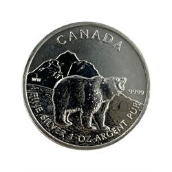 Ten Queen Elizabeth II Canada one ounce fine silver five dollar coins, including 2012 'Majestic Moose' 2016 'Superman', 2018 'Maple Leaf', 2019 'Maple Leaf', etc
