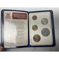 Coins and miscellaneous items, including Queen Elizabeth II 1953 coin set in blister pack, two Britain's first decimal coins sets in blue wallets, pre decimal pennies and other denominations, The National Rifle Association 1860 medallion, various stamps and cigarette cards in albums/loose etc