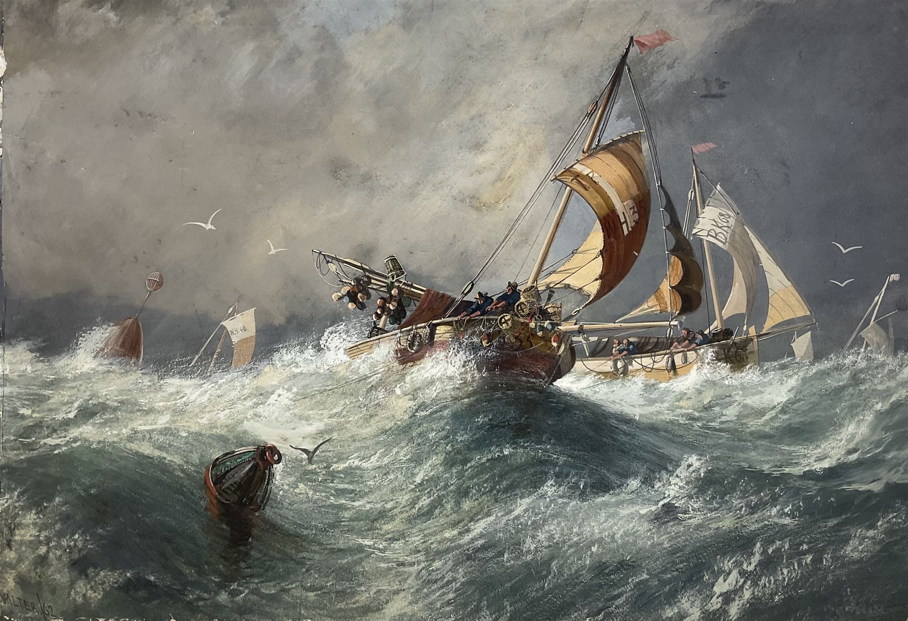 Henry Valter (British fl.1854-1898): Fishing Boats in a Swell, watercolour and gouache signed and dated '62, 50cm x 73cm (unframed)