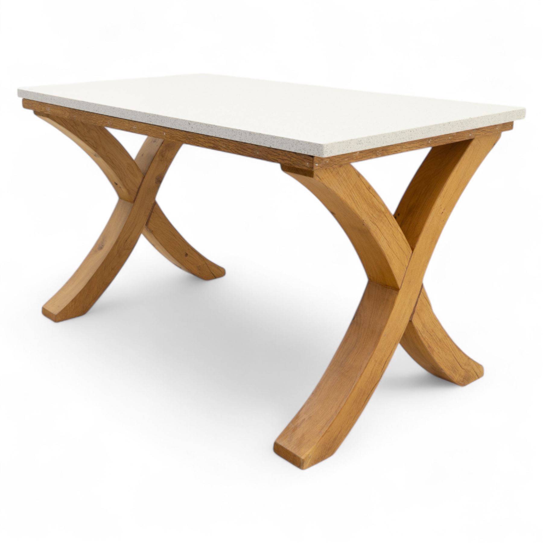 Kitchen dining table, rectangular, speckled quartz and marble composite top on a solid oak x-from base 