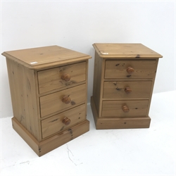 Pair pine bedside chests, three drawers, plinth base, W46cm, H62cm, D44cm