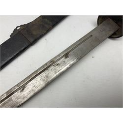 Chinese Boxer Rebellion Period Sword, 69.5cm heavy curved single edge blade with single narrow fuller, plain iron dished circular guard, iron pommel and ferrule with plaited cord bound grip; in skin covered wooden scabbard with iron chape and long suspension mount L95cm overall