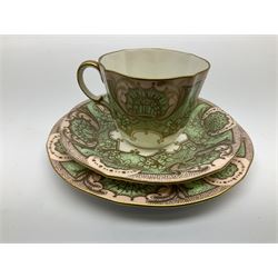  Royal Crown Derby tea trio, decorated with green, pink and gilt design with floral detail, together with Royal Doulton coffee can and saucers, both with printed mark beneath