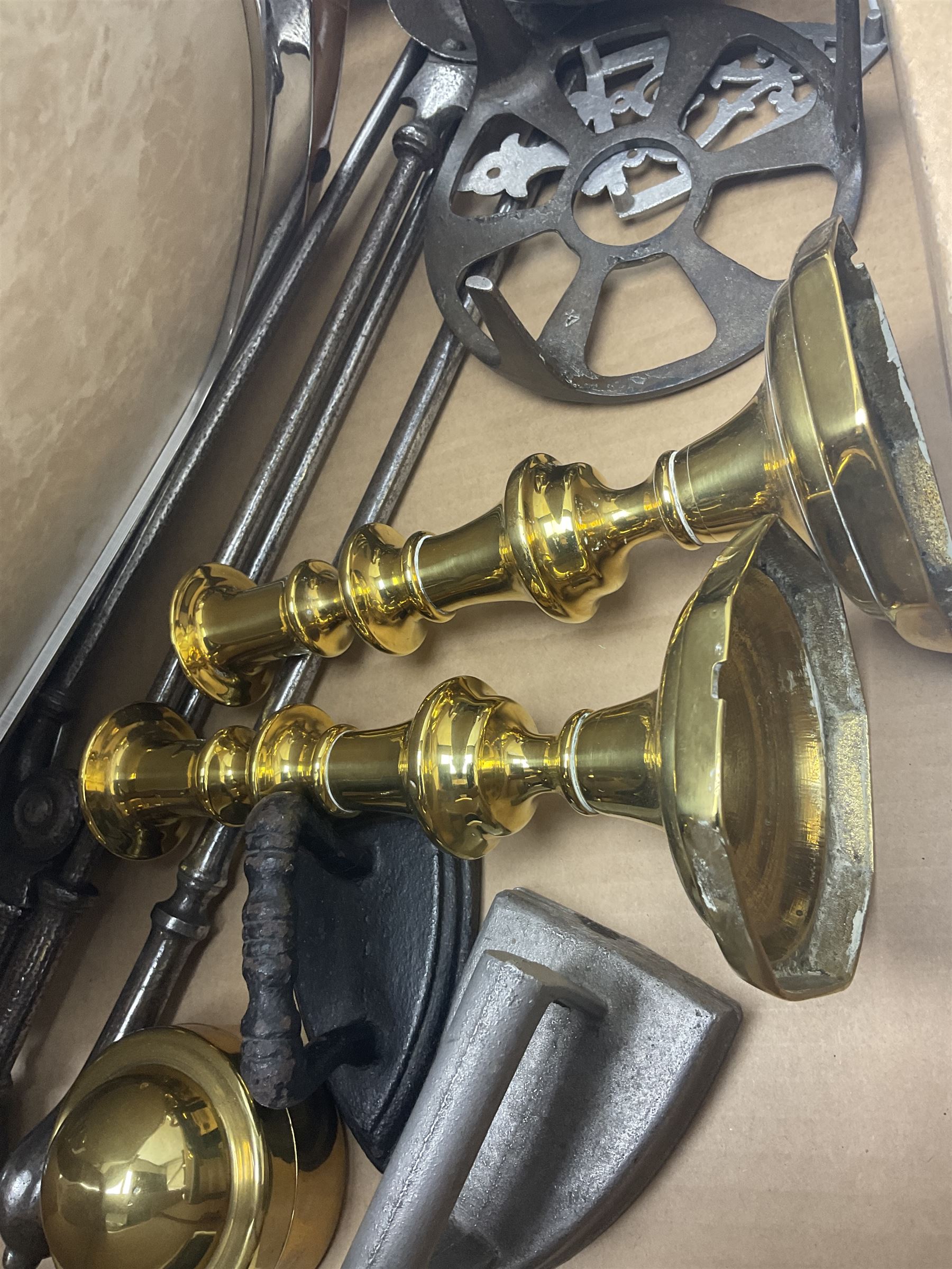 Piquot ware tea set, together with brass candlesticks, fireside tools and other collectables, in two boxes  