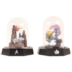 Franklin Mint limited edition Star Trek collectables, comprising seven miniature dioramas under display domes, The USS Enterprise Bold New Millennium large collectors plate, Crystal Edition Galaxy collectors plate and a talking series collectors plate