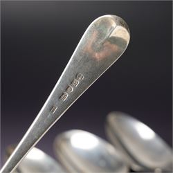 George III silver bright cut table spoon London 1781 Maker Hester Bateman, another London 1782 Maker Thomas Wallis I and three others (5)