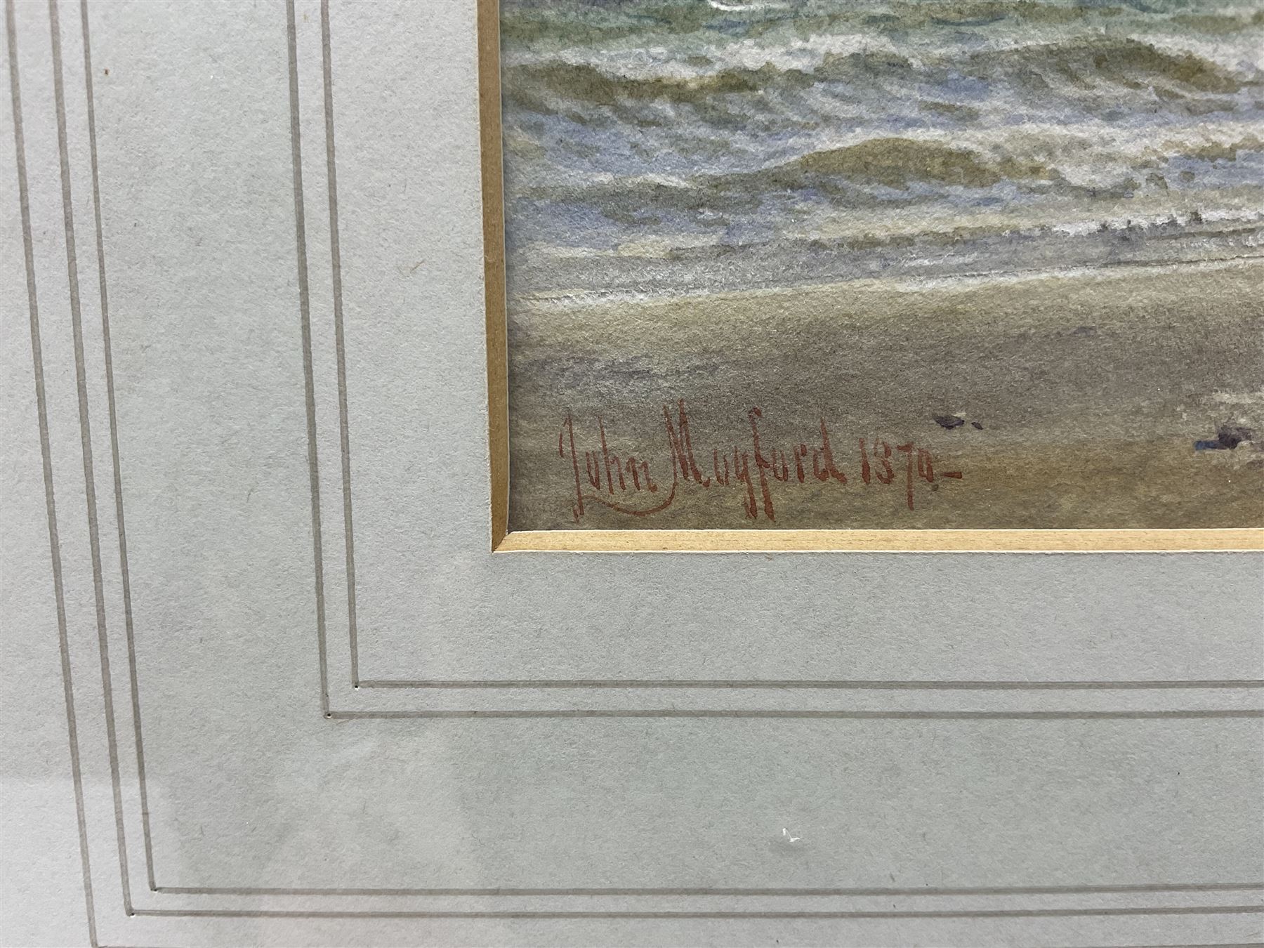 John Mogford (British 1821-1885): Children on the Beach at Boggle Hole near Robin Hood's Bay, looking over Stoupe Brow towards Ravenscar, watercolour signed and dated 1874, 17cm x 35cm 
Notes: Mogford visited the Yorkshire coast multiple times; two views of Scarborough dated 1866 were sold David Duggleby Ltd 18th June 2021 Lot 120 and Sotheby's 29th November 2000 Lot 75, and an undated view of Robin Hood's Bay was sold Phillips Oxford 9th November 2000 Lot 77.
