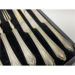 Set of six stag horn handled knives by Cooper Brothers and Sons, together with a set of silver plated dessert knives and forks for six place settings, both within fitted cases