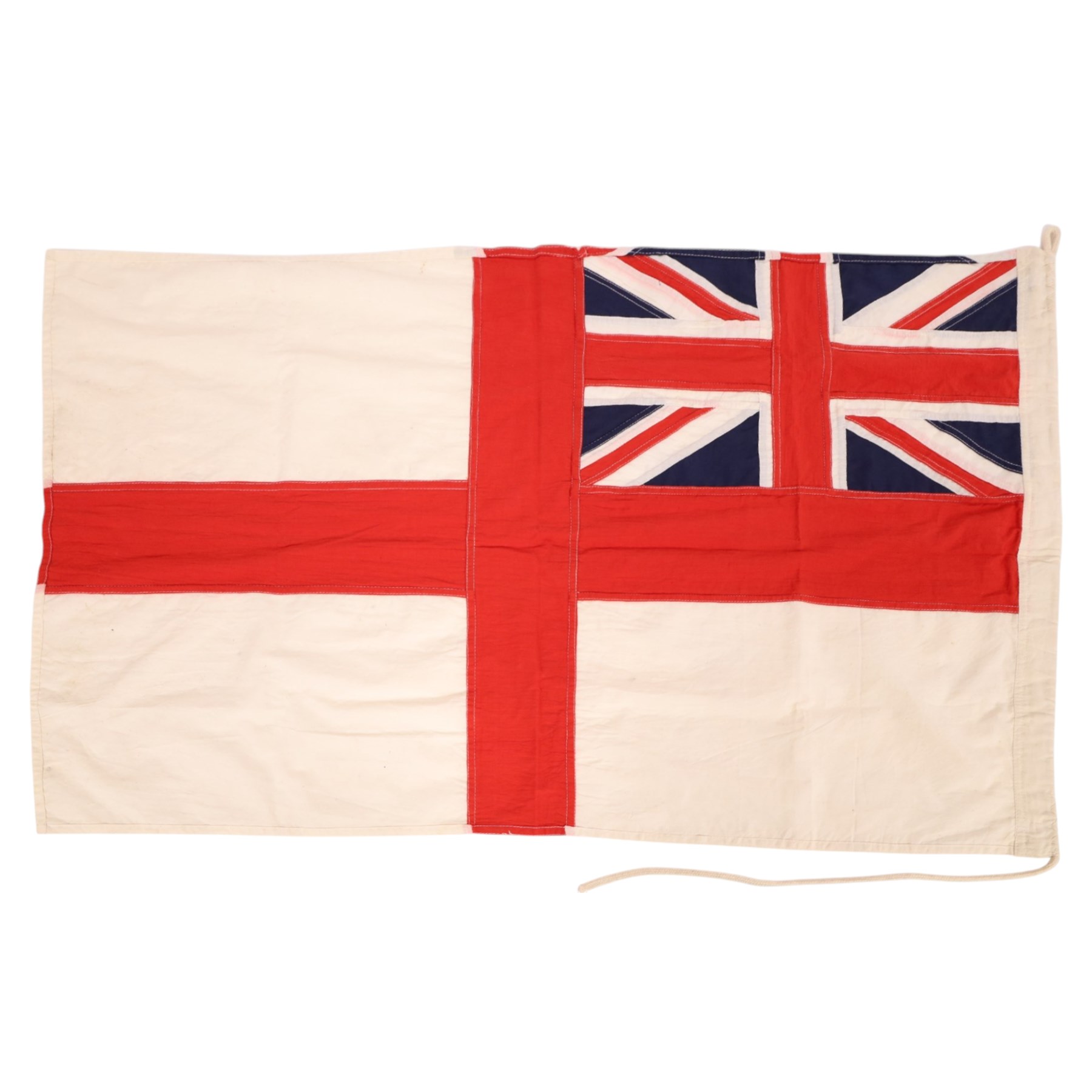 WWII Royal Navy ensign flag, with Union Jack in the upper canton, stamped Admiralty 1940, (SUD) P.F. Humphries London 2x3, H61cm L100cm 