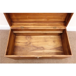  Eastern style hardwood chest, hinged lid with clasp, shaped bracket supports (W80cm, H44cm, D40cm), a hardwood chest with metal strapping, hinged lid (W38cm, H55cm, D38cm) and a small travetine occasional table (3)  