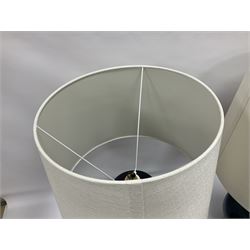 Pair of Chinese teal glazed table lamps, each of bottle form, raised upon circular hardwood bases, including shade H72cm 